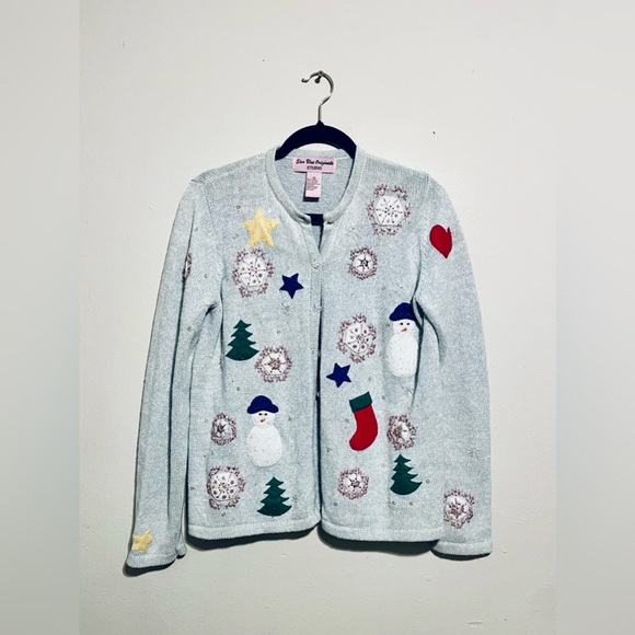 Sweaters - Star Blue Originals Pastel Blue Snowman Christmas Sweater Cardigan Crochet Knit